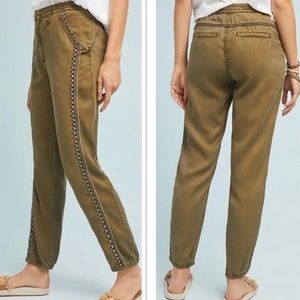 Anthropologie Cedar Olive Green Embroidered Side Jogger Pants